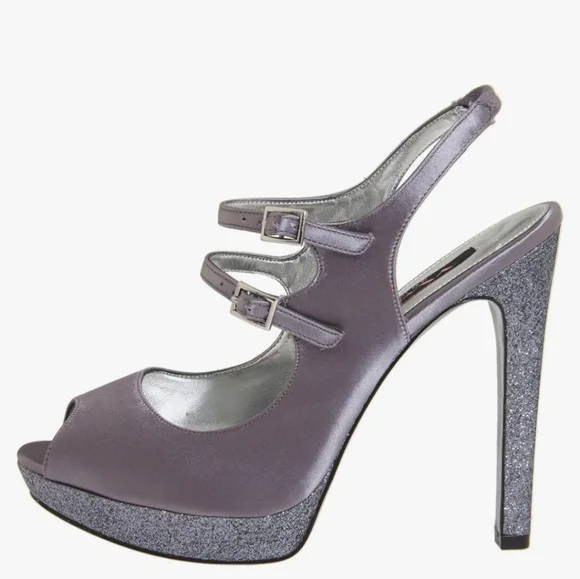 Nina Silver Metallic Satin Sandals Heels Sz 6.5 - Picture 4 of 15